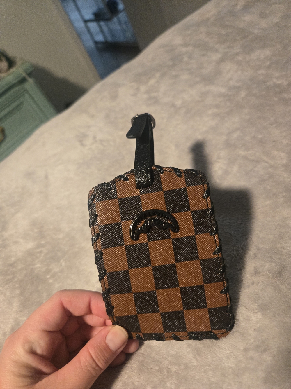 Brown Checkered Leather Luggage Tag - Unbranded